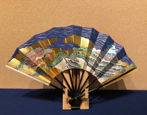 Decorative folding fan, Azuchi Castle ,with bamboo stand