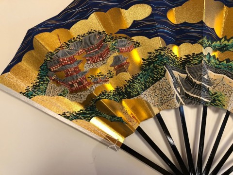Decorative folding fan, Azuchi Castle ,with bamboo stand