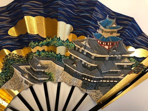 Decorative folding fan, Azuchi Castle ,with bamboo stand