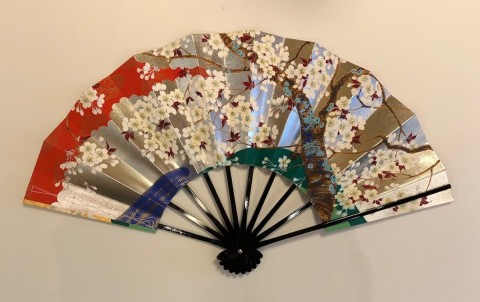 Decorative folding fan, Cherry Blossoms ,with bamboo stand