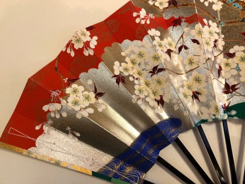 Decorative folding fan, Cherry Blossoms ,with bamboo stand