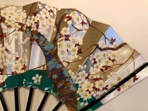 Decorative folding fan, Cherry Blossoms ,with bamboo stand