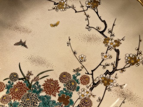 Satsuma ware dish, peony, flower and bird design